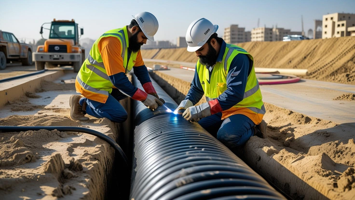 HDPE pipeline installation with fusion welding at a construction site in Pakistan