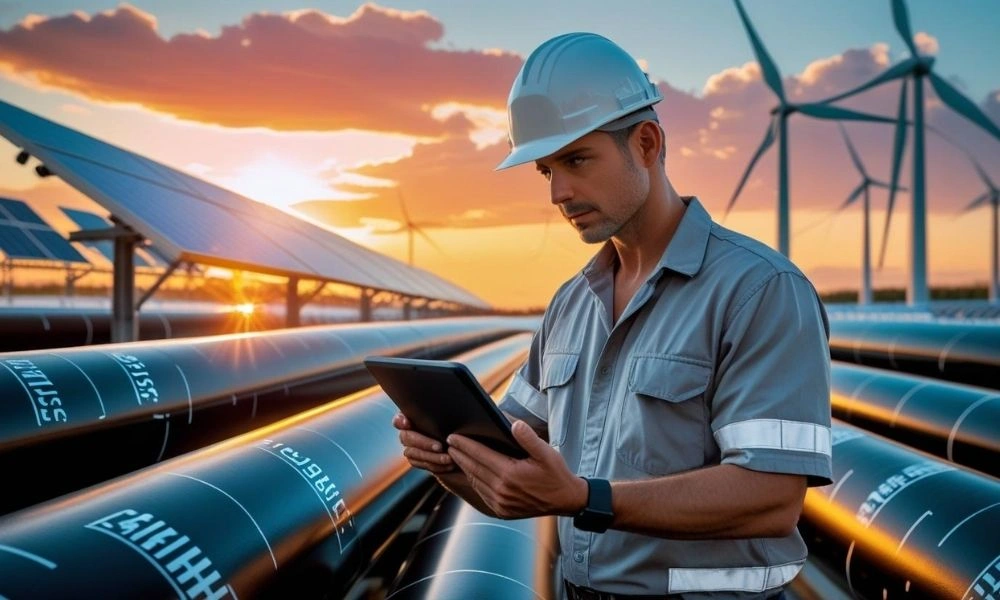 Engineer inspects DuraHDPE piping at energy plant