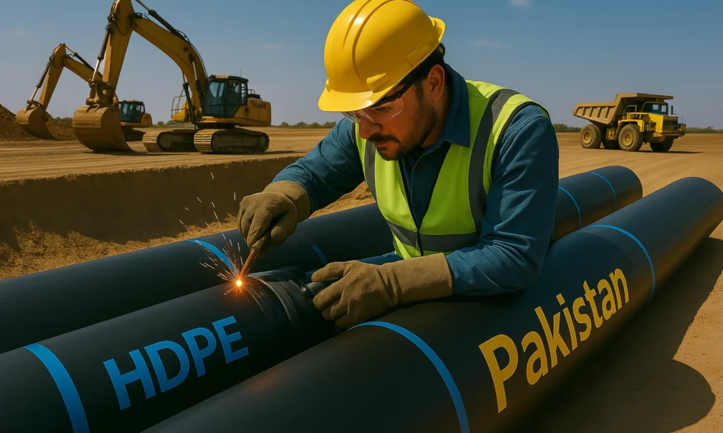 Technician installing HDPE pipes for infrastructure project in Pakistan