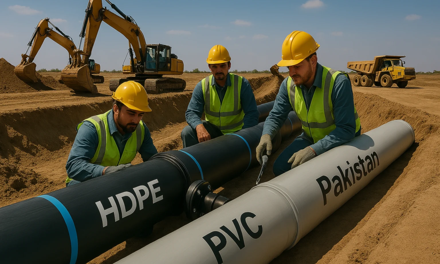 Engineers installing plastic pipes in Pakistan infrastructure project