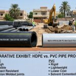 HDPE vs PVC pipe comparison displaying a side-by-side view of black flexible HDPE pipe and rigid grey PVC pipe with a key properties exhibit board at a Pakistani construction site