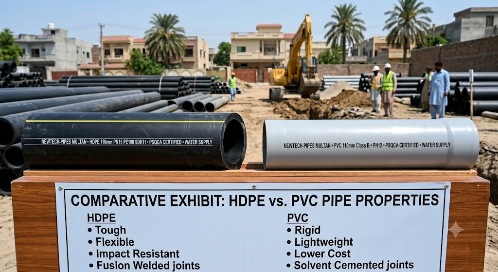 HDPE vs PVC Pipes: Which One Should You Choose for Your Project? 2 HDPE vs PVC pipe comparison displaying a side-by-side view of black flexible HDPE pipe and rigid grey PVC pipe with a key properties exhibit board at a Pakistani construction site
