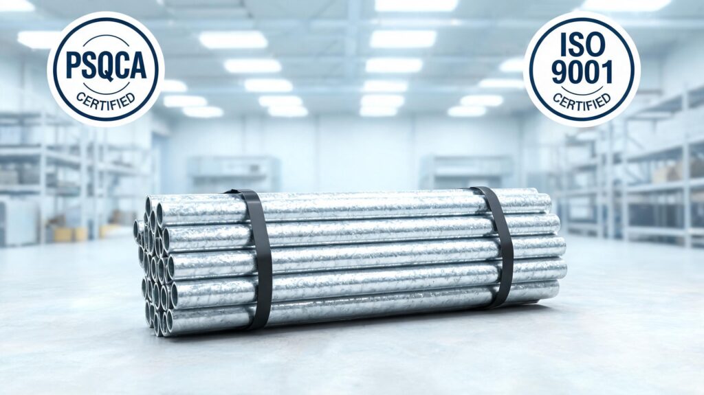 Industrial pipes arranged in a clean factory setting with visible ISO 9001 and PSQCA certification badges, presented as a professional compliance-themed banner.