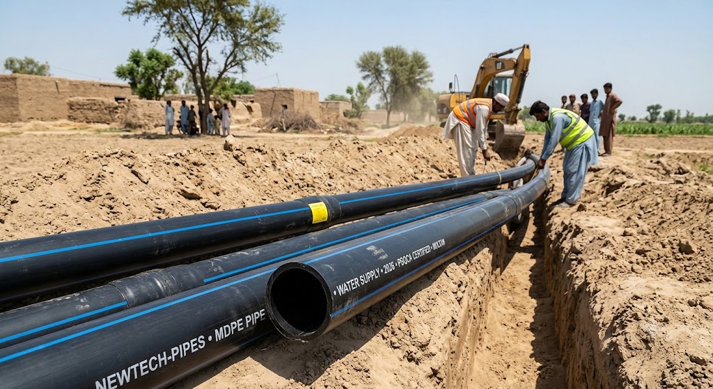 MDPE Gas Pipes: Complete Guide for SNGPL & SSGC Approved Installations 2 MDPE pipe Pakistan installation for underground water distribution being laid in a trench by workers at an infrastructure project.
