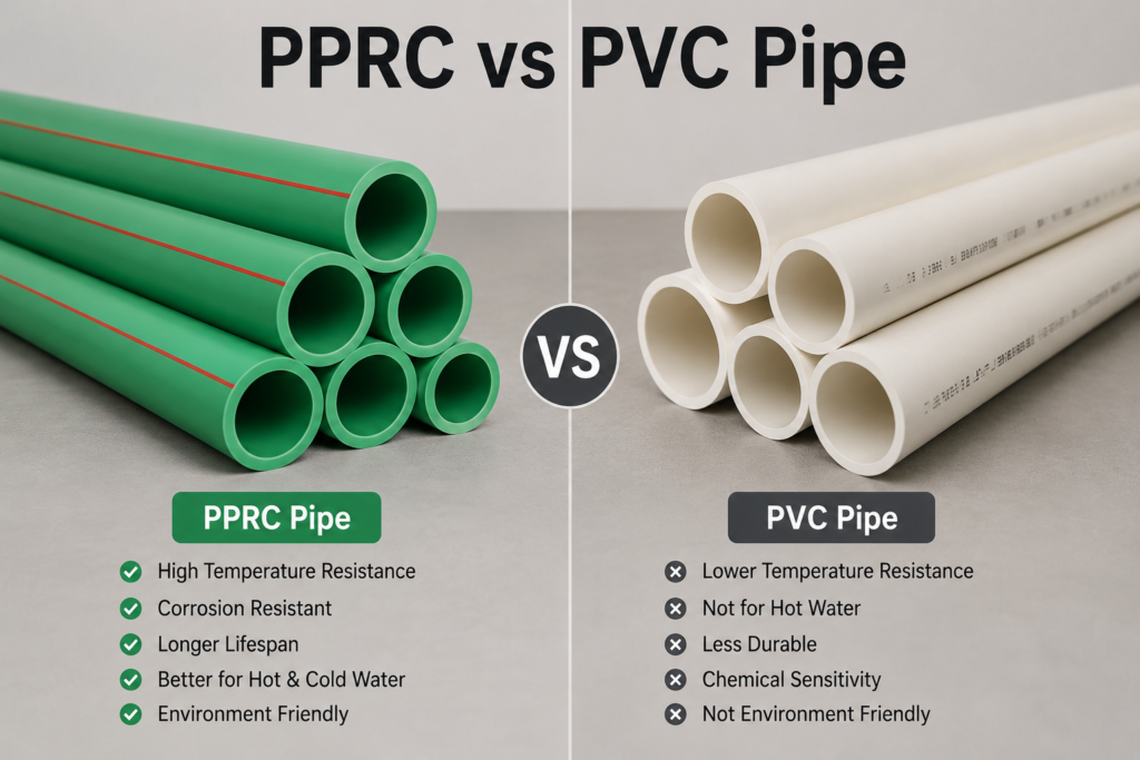 PPRC vs PVC Pipe: Which One Should You Choose for Hot and Cold Water Lines? 2 Realistic side-by-side comparison of green PPRC pipes and white PVC pipes with the title "PPRC vs PVC Pipe," highlighting the visual differences between the two plumbing materials for a comparison blog