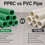 Realistic side-by-side comparison of green PPRC pipes and white PVC pipes with the title "PPRC vs PVC Pipe," highlighting the visual differences between the two plumbing materials for a comparison blog