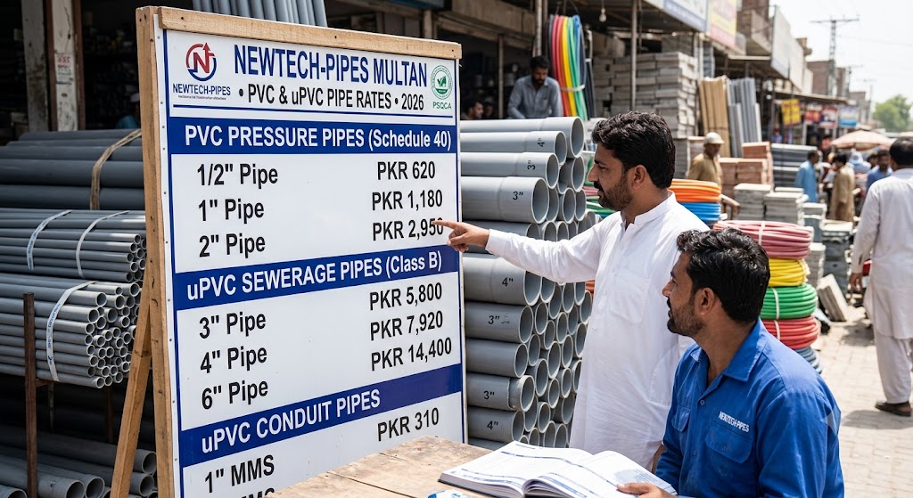 PVC Pipe Price in Pakistan 2026: City-Wise Rate Guide 2 PVC pipe price list board displayed outside a wholesale hardware shop in Pakistan showing rates for pressure pipes, uPVC sewerage pipes, and conduit lines