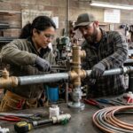 Two individuals working together in a workshop to assemble metal pipe fittings with hand tools.