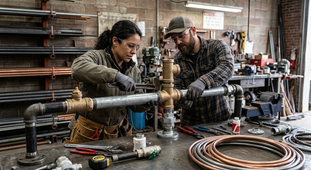 Pipe Fittings 101: Types of HDPE & PVC Fittings and Where to Use Them 2 Two individuals working together in a workshop to assemble metal pipe fittings with hand tools.