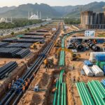site with extensive HDPE and PVC pipe installation and storage, featuring workers, machinery, and material handling against a city and mountain backdrop.