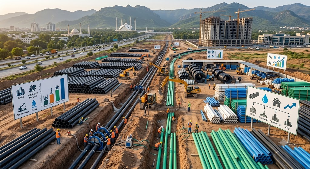 site with extensive HDPE and PVC pipe installation and storage, featuring workers, machinery, and material handling against a city and mountain backdrop.