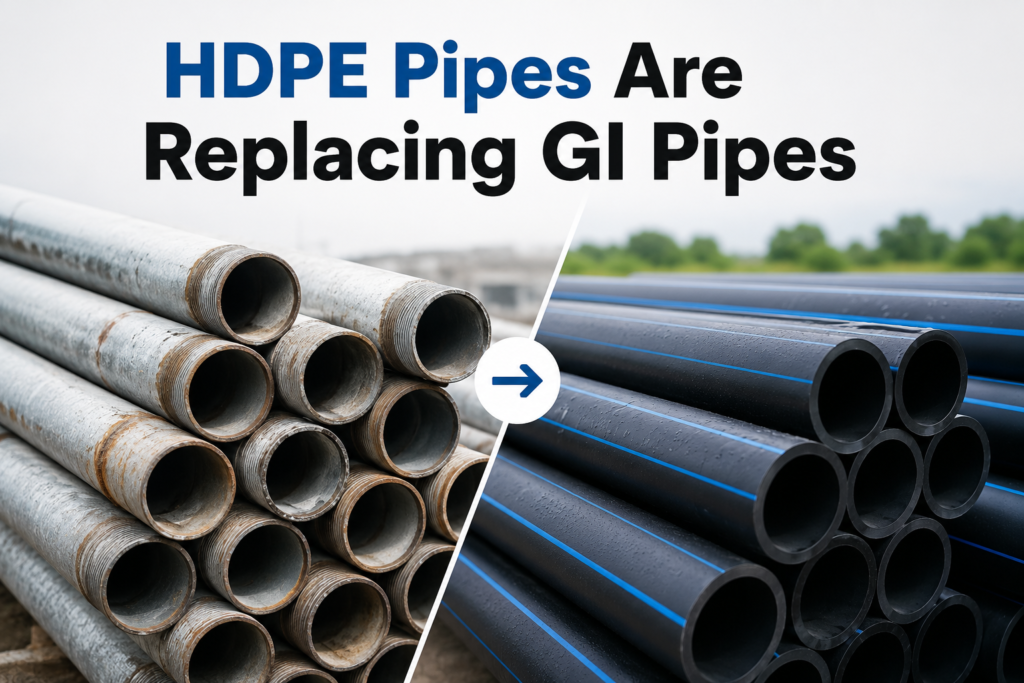 Why HDPE Pipes Are Replacing GI Pipes in Pakistan's Construction Industry 1 HDPE Pipes Are Replacing GI Pipes with a realistic side-by-side comparison showing modern black HDPE pipes replacing old galvanized iron (GI) pipes.