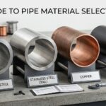 Side-by-side comparison display of Carbon Steel, Stainless Steel, Copper, and HDPE plastic pipe material samples for selection guide.