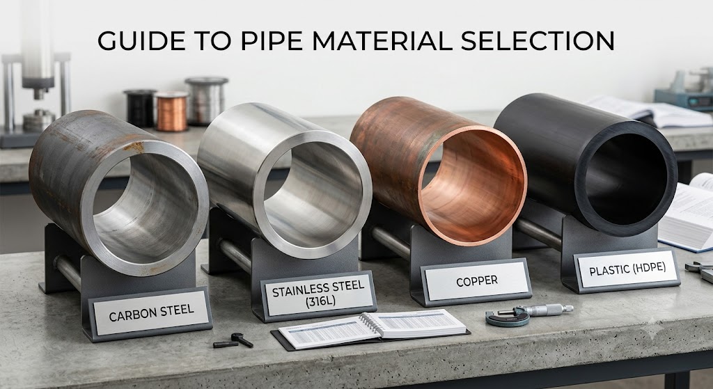 How to Choose the Right Pipe Material for Water Supply Projects 2 Side-by-side comparison display of Carbon Steel, Stainless Steel, Copper, and HDPE plastic pipe material samples for selection guide.