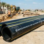 High-density polyethylene (HDPE) black pipes with yellow stripes laid at a municipal water supply construction site in Pakistan.