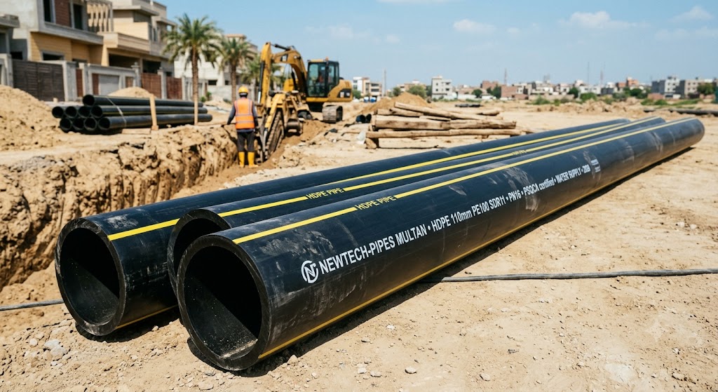 What is HDPE Pipe? Full Guide to Material, Manufacturing & Uses in Pakistan 2 High-density polyethylene (HDPE) black pipes with yellow stripes laid at a municipal water supply construction site in Pakistan.