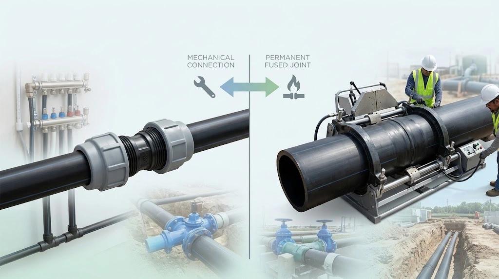Comparison of compression fittings and butt fusion fittings for HDPE pipes