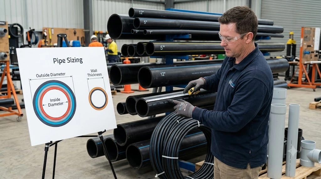 HDPE pipe size chart showing diameter and pressure rating specifications