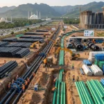 site with extensive HDPE and PVC pipe installation and storage, featuring workers, machinery, and material handling against a city and mountain backdrop.