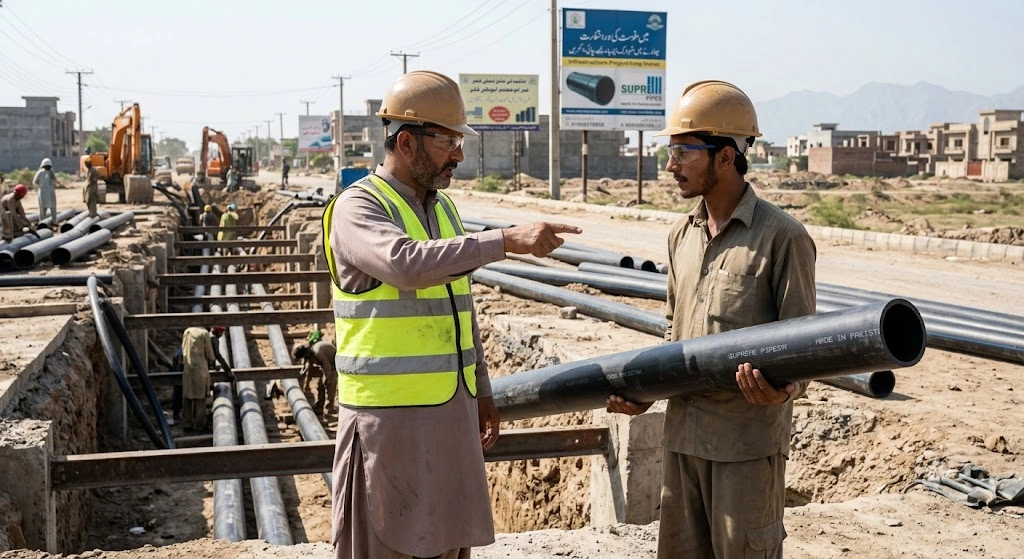 Workers installing pipes at a construction site as Pakistan's pipe industry grows
