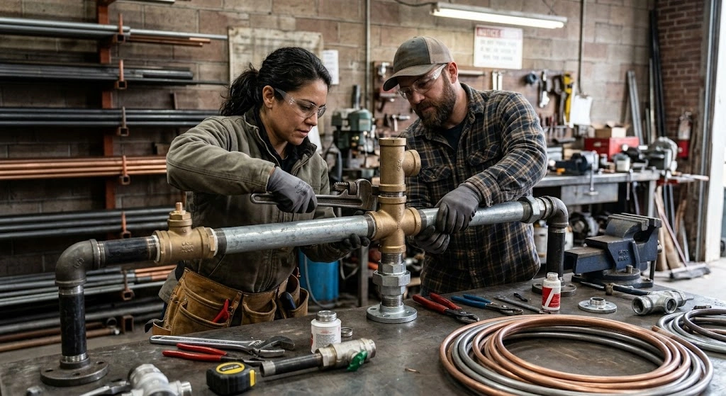 Worker assembling HDPE and PVC pipe fittings using hand tools in a workshop