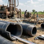 UPVC borewell casing pipe with threaded joints at a tube well drilling site in Pakistan