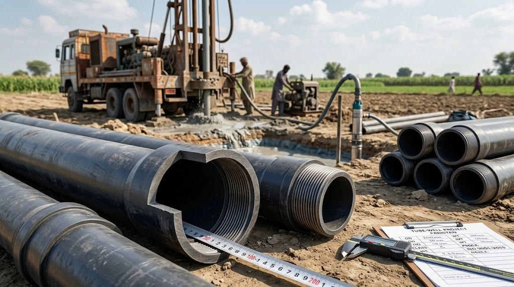 Borewell Casing Pipe in Pakistan: Sizes, Standards & Buying Tips 5 UPVC borewell casing pipe with threaded joints at a tube well drilling site in Pakistan
