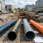 HDPE and PVC pipe color codes showing water, gas, drainage, and electrical conduit uses