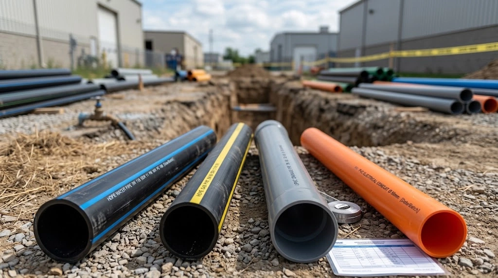 Understanding Pipe Color Codes: What Do the Colors on HDPE & PVC Pipes Mean? 4 HDPE and PVC pipe color codes showing water, gas, drainage, and electrical conduit uses