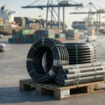 Pakistani HDPE and PVC pipes prepared for international export at a global shipping port