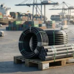 Pakistani HDPE and PVC pipes prepared for international export at a global shipping port