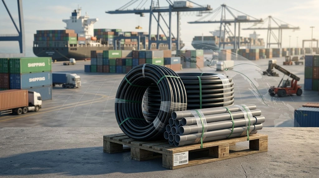 Pakistani HDPE and PVC pipes prepared for international export at a global shipping port