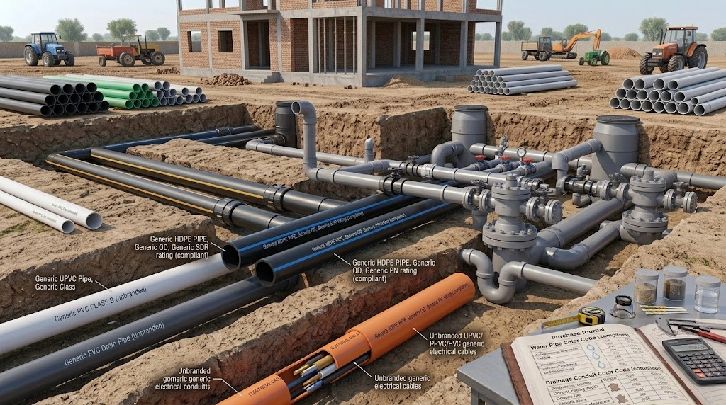 HDPE PVC and UPVC pipes showing common color codes for water gas drainage and electrical services