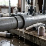 Leaking PVC pipe joint showing water escaping from a pipe fitting connection