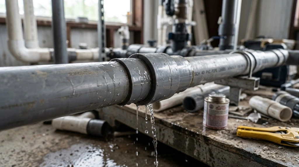 PVC Solvent Cement Joints: Common Application Mistakes That Cause Leaks 2 Leaking PVC pipe joint showing water escaping from a pipe fitting connection