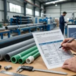 Engineer reviewing a pipe datasheet with HDPE and PVC pipe specifications