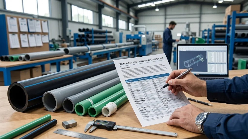 How to Read a Pipe Datasheet: Understanding Technical Specification Sheets 1 Engineer reviewing a pipe datasheet with HDPE and PVC pipe specifications