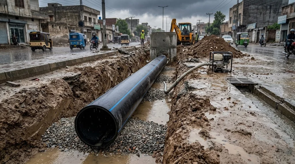 Monsoon Drainage Pipe Pakistan: How Heavy Rain Affects Underground Pipes and How to Protect Them 1 Monsoon drainage pipe Pakistan installation in a wet underground drainage trench