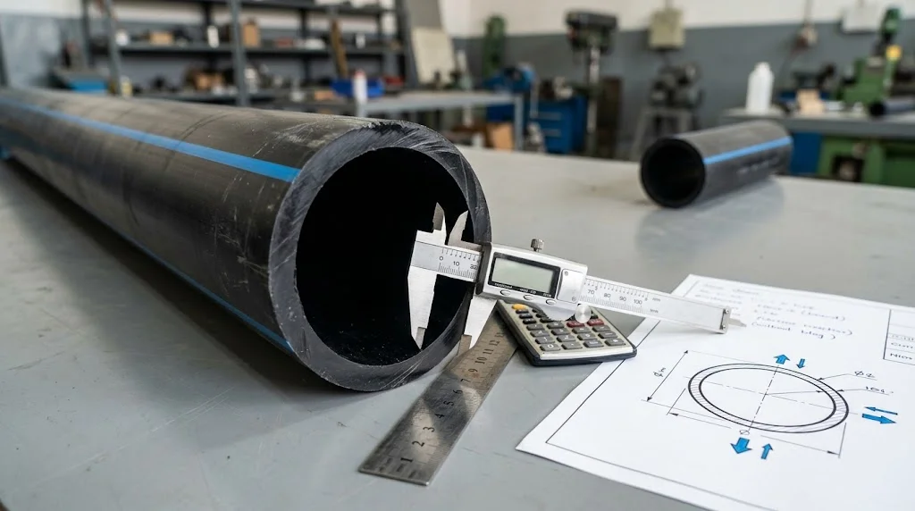 Pipe diameter flow rate formula illustrated by measuring the inside diameter of an HDPE pipe