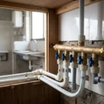 Pipe manifold system distributing water through separate PPRC lines to household fixtures