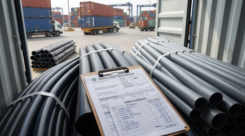 HDPE and PVC pipes at a Pakistani port for import customs clearance