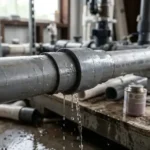 Leaking PVC pipe joint showing water escaping from a pipe fitting connection