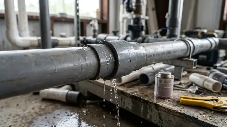 PVC Pipe Joint Leaks: 5 Solvent Cement Mistakes and How to Prevent Them 7 Leaking PVC pipe joint showing water escaping from a pipe fitting connection