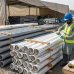 PVC and UPVC pipes properly stacked on wooden bearers at a construction site