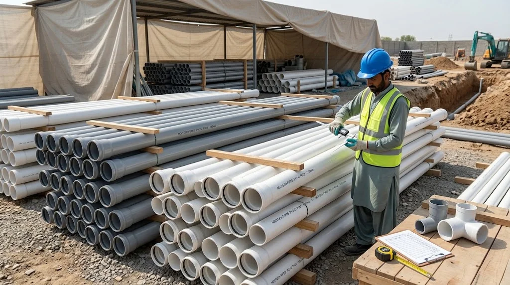 PVC and UPVC pipes properly stacked on wooden bearers at a construction site